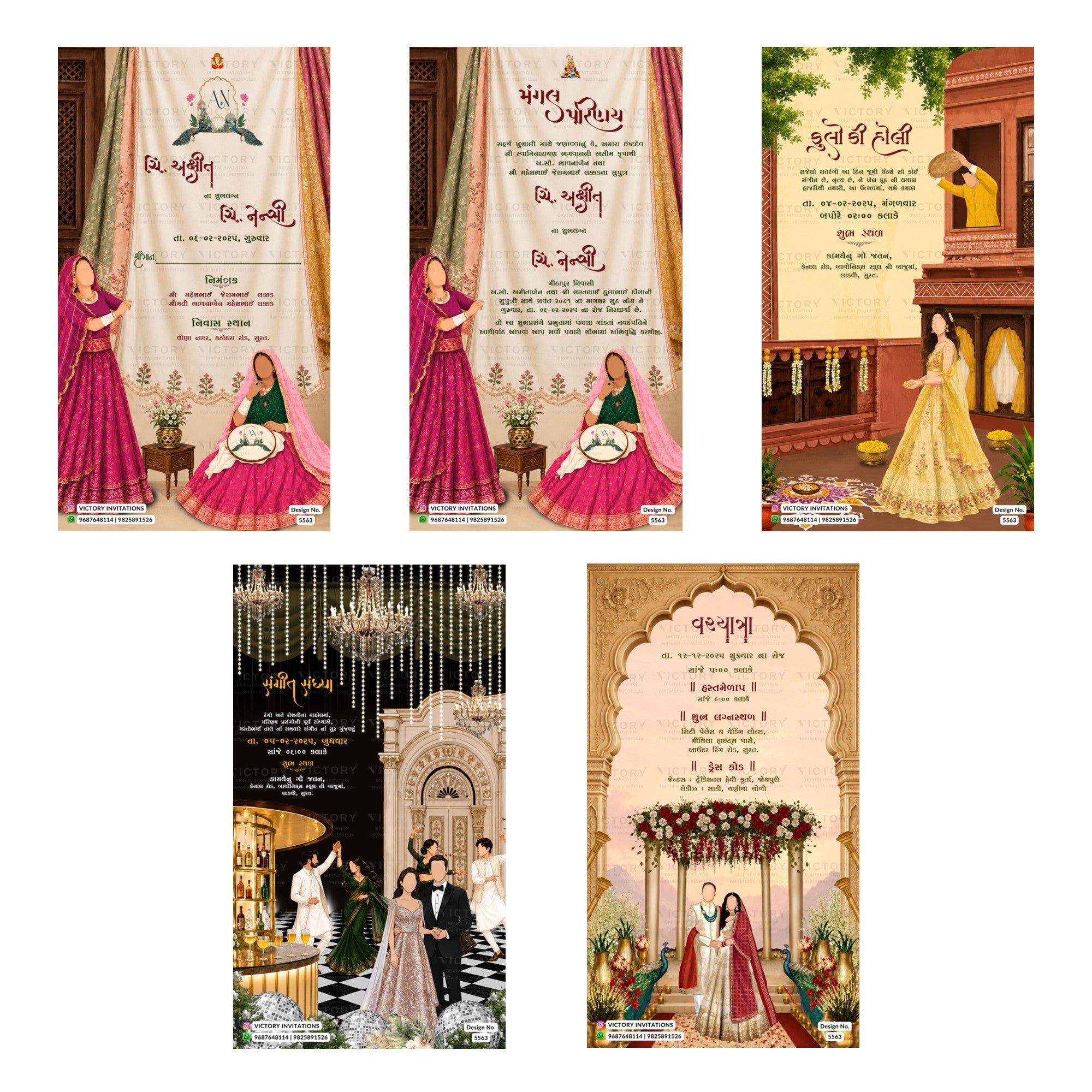 A 5-card digital Gujarati Hindu wedding invitation set featuring illustrated ethnic outfits, archway architecture, floral backdrops, and event cards for Mangal Parinay, Phoolo Ki Holi, Sangeet Sandhya, and Var Yatra.