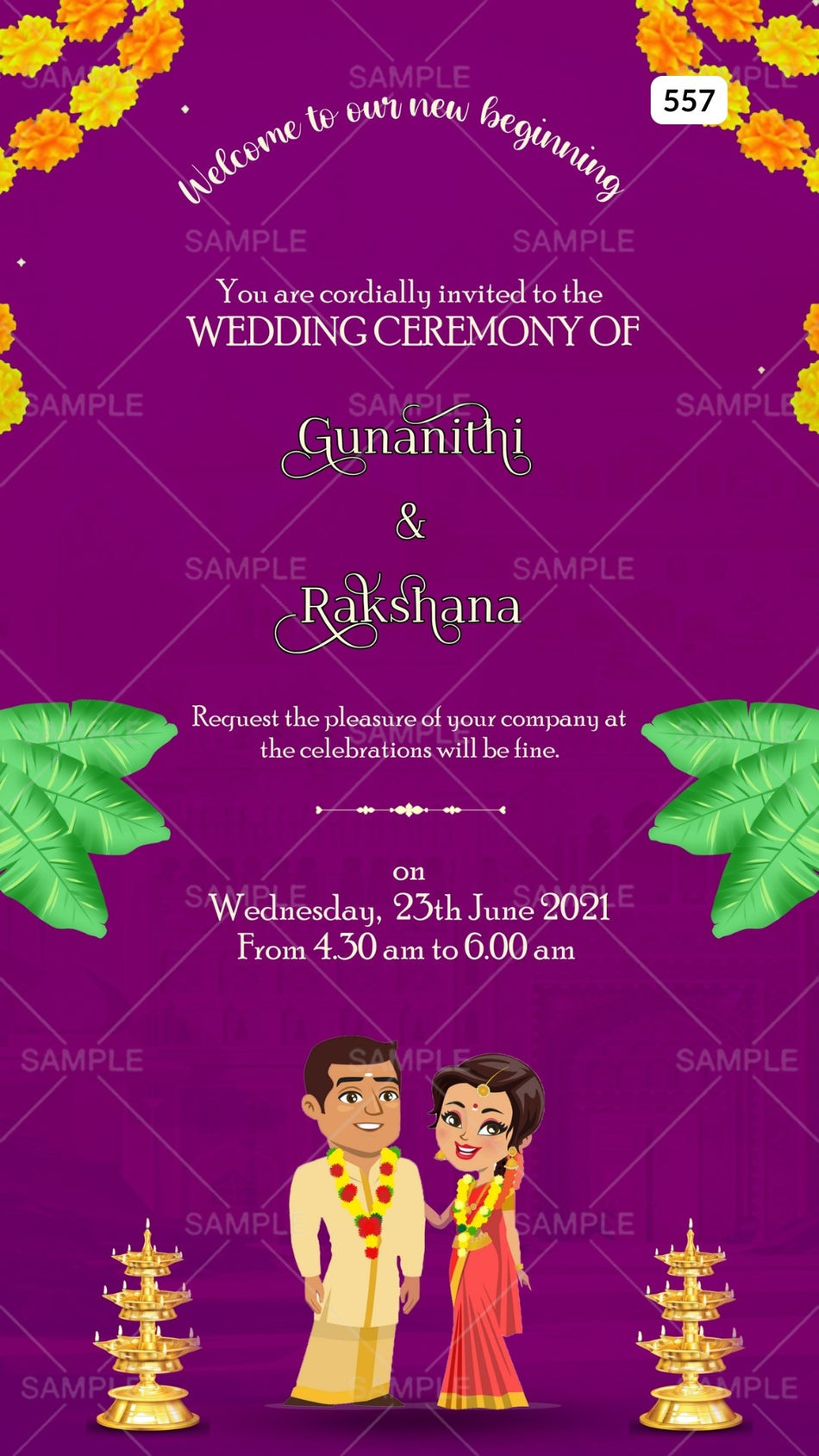 Wedding ceremony invitation card Canva Editable Template of hindu south indian malayali family in english language with minimalistic theme design 557