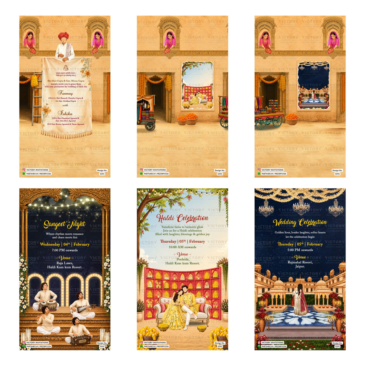 Traditional Indian wedding digital invitation card set 5591 featuring  Sangeet Night, Haldi Celebration, and Wedding Celebration templates.