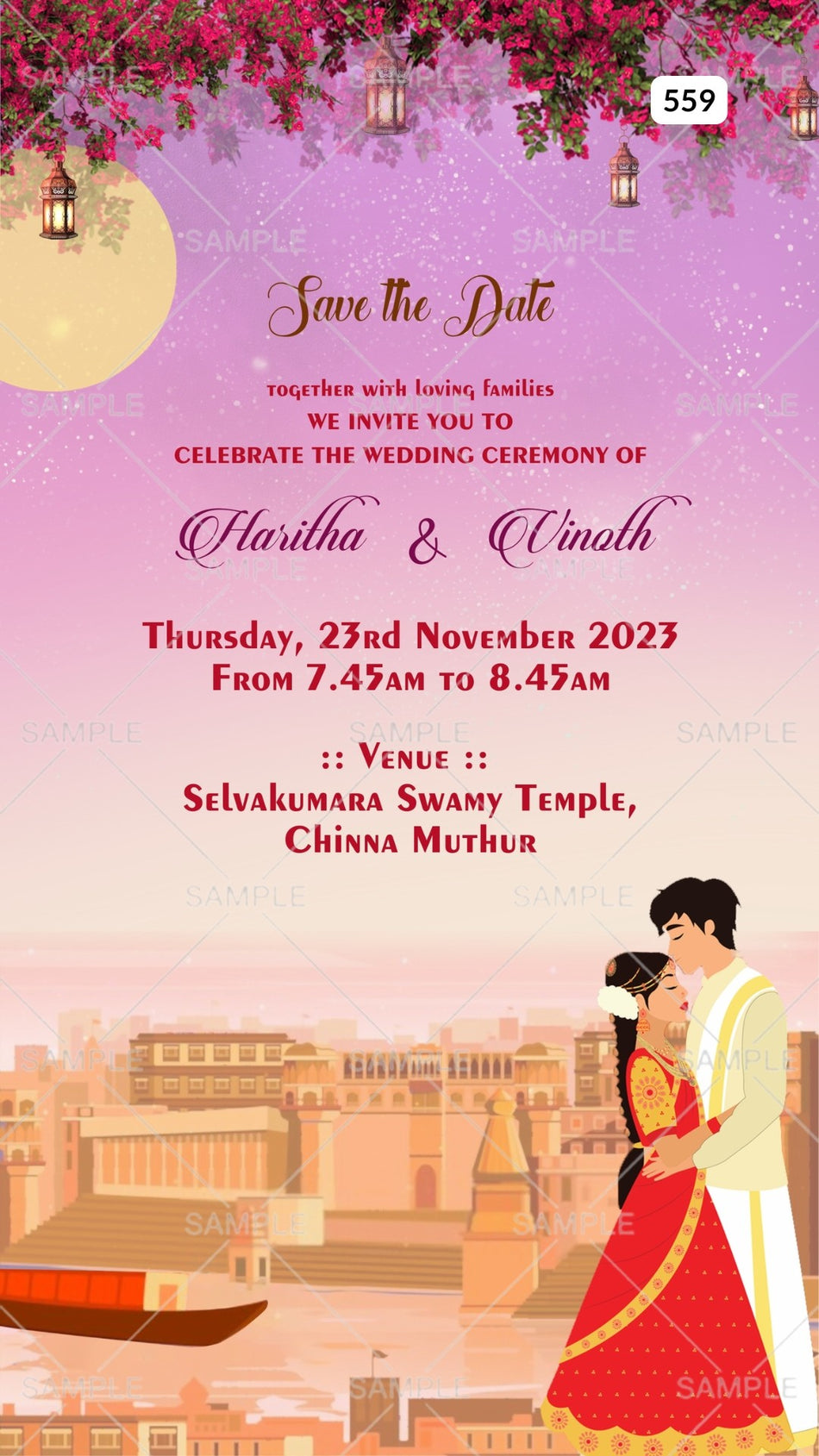 Wedding ceremony invitation card Canva Editable Template of hindu south indian tamil family in english language with Romantic theme design 559