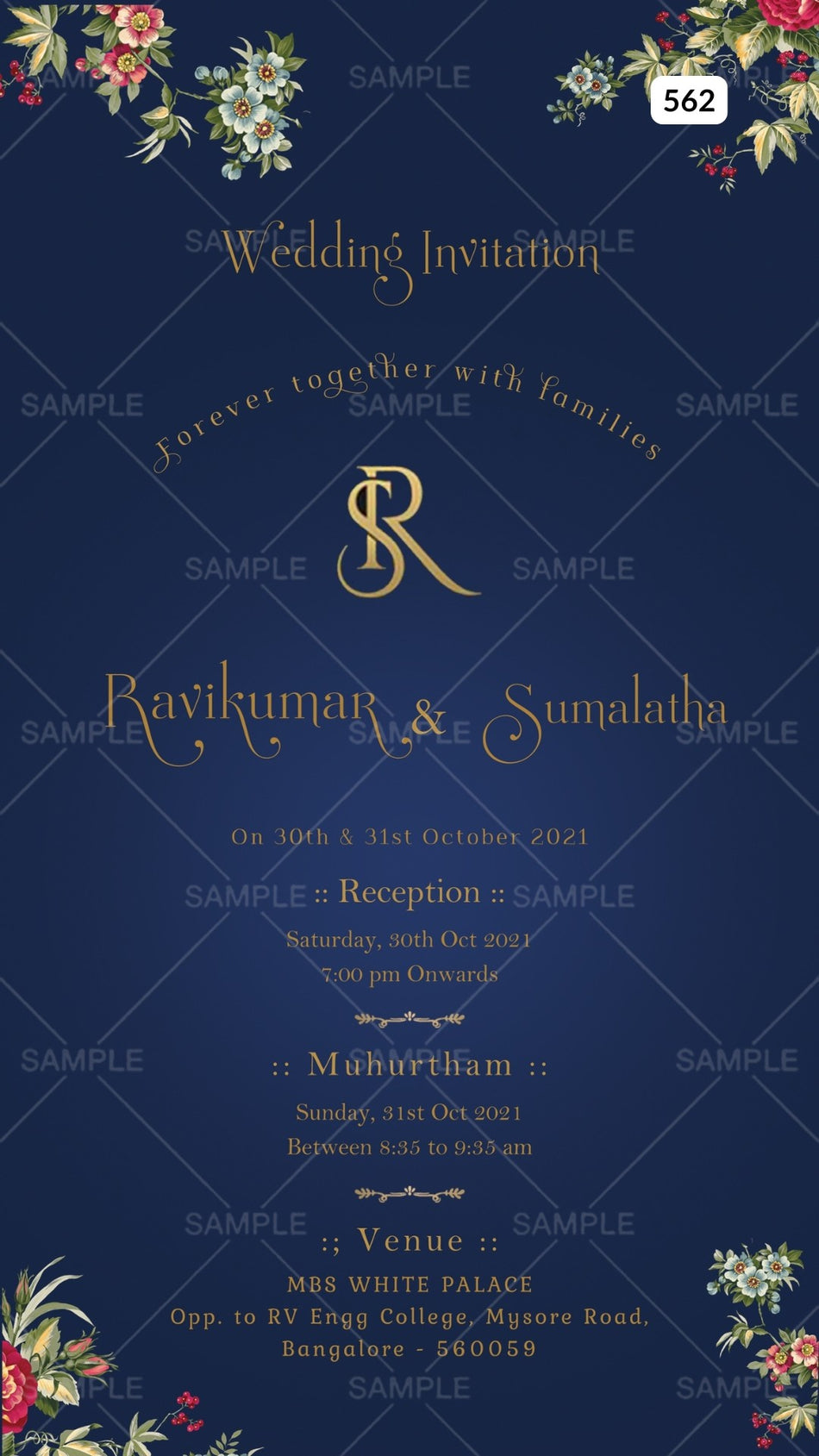 Wedding ceremony invitation card Canva Editable Template of hindu south indian kannada family in english language with  Minimalistic theme design 562