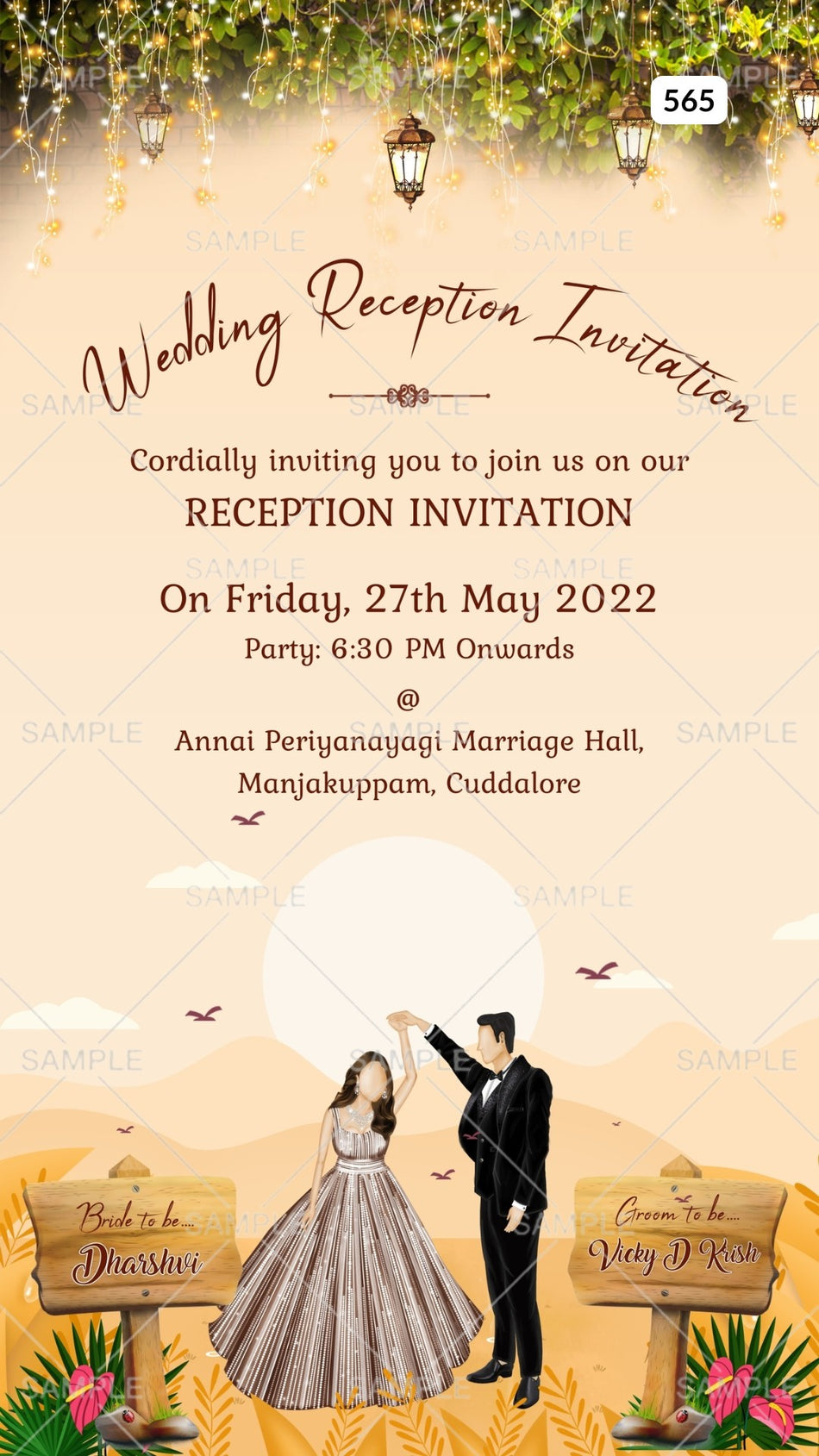 Wedding ceremony invitation card Canva Editable Template of hindu south indian tamil family in english language with mountain theme design 565