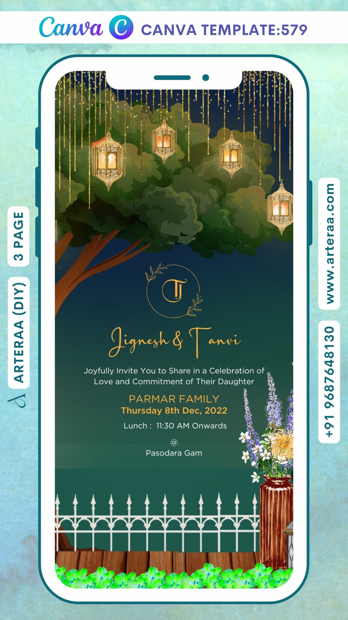 wedding ceremony invitation Canva Editable video Template of hindu punjabi sikh family in english language with Royal Garden theme design 579