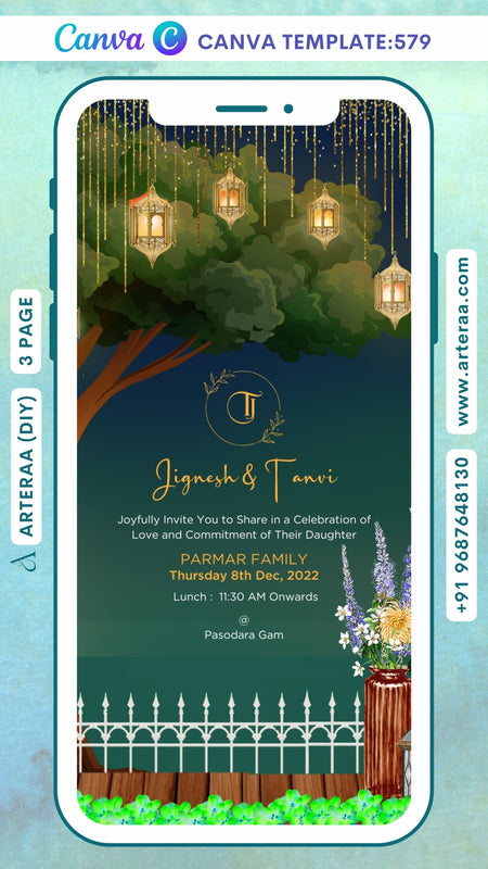 wedding ceremony invitation Canva Editable video Template of hindu punjabi sikh family in english language with Royal Garden theme design 579