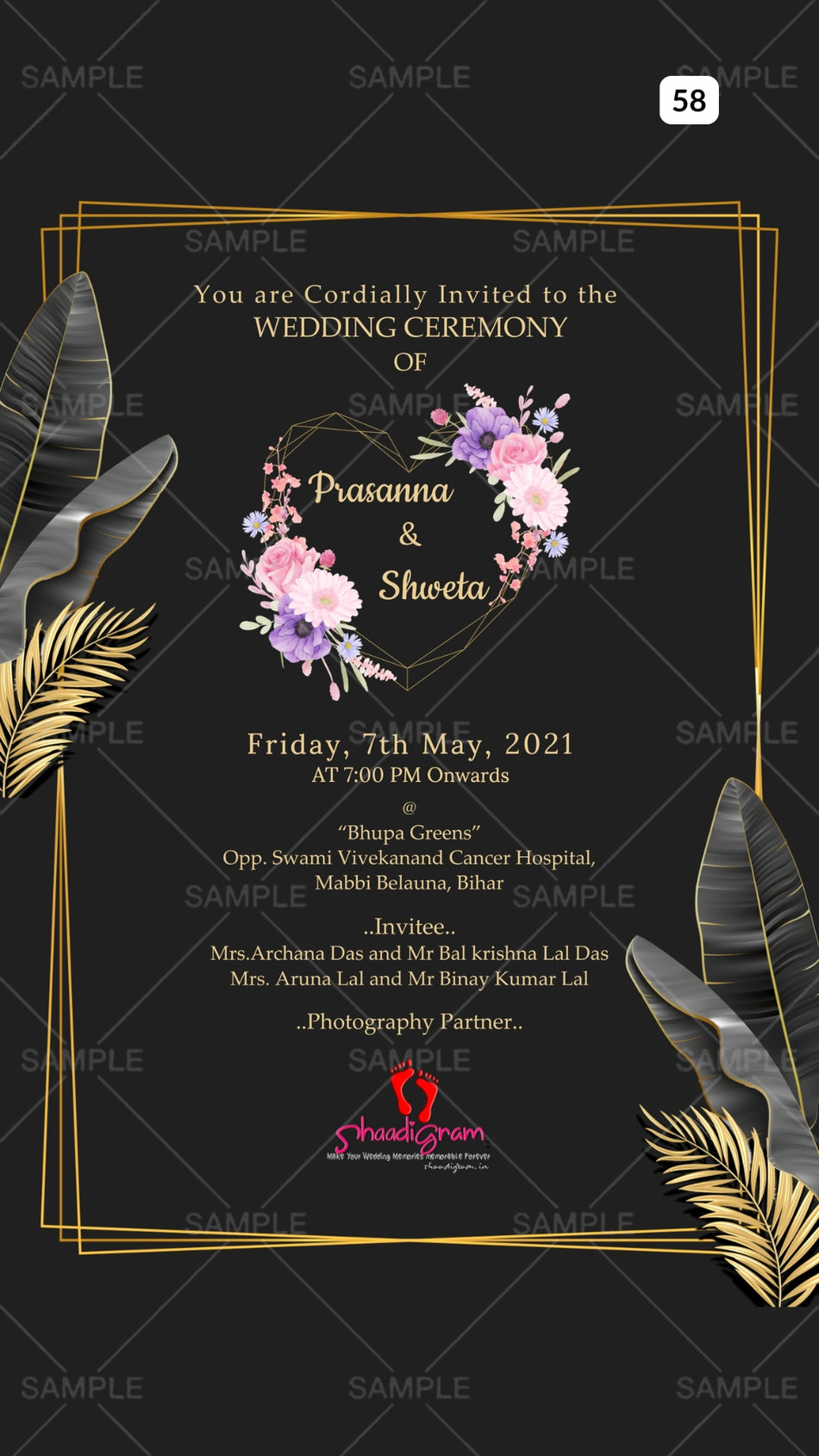 Wedding ceremony invitation card Canva Editable Template of hindu Bihari family in english language with  Artistic leaves theme design 58