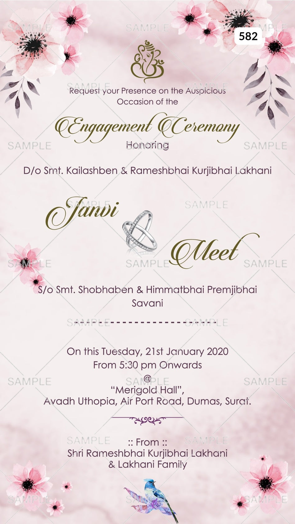 Engagement ceremony invitation card Canva Editable Template in english language with birds, golden frame as floral theme design 582