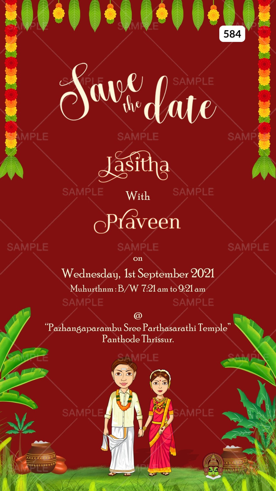 Save the Date card Canva Editable Template in english language with adorable couple doodle as traditional theme design 584