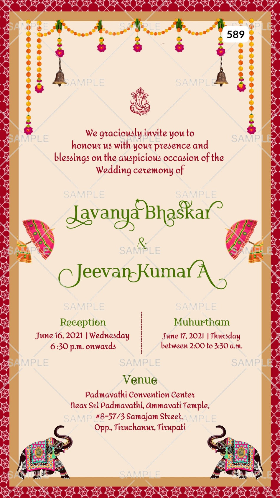 Wedding ceremony invitation card Canva Editable Template of hindu south indian telugu family in english language with traditional theme design 589
