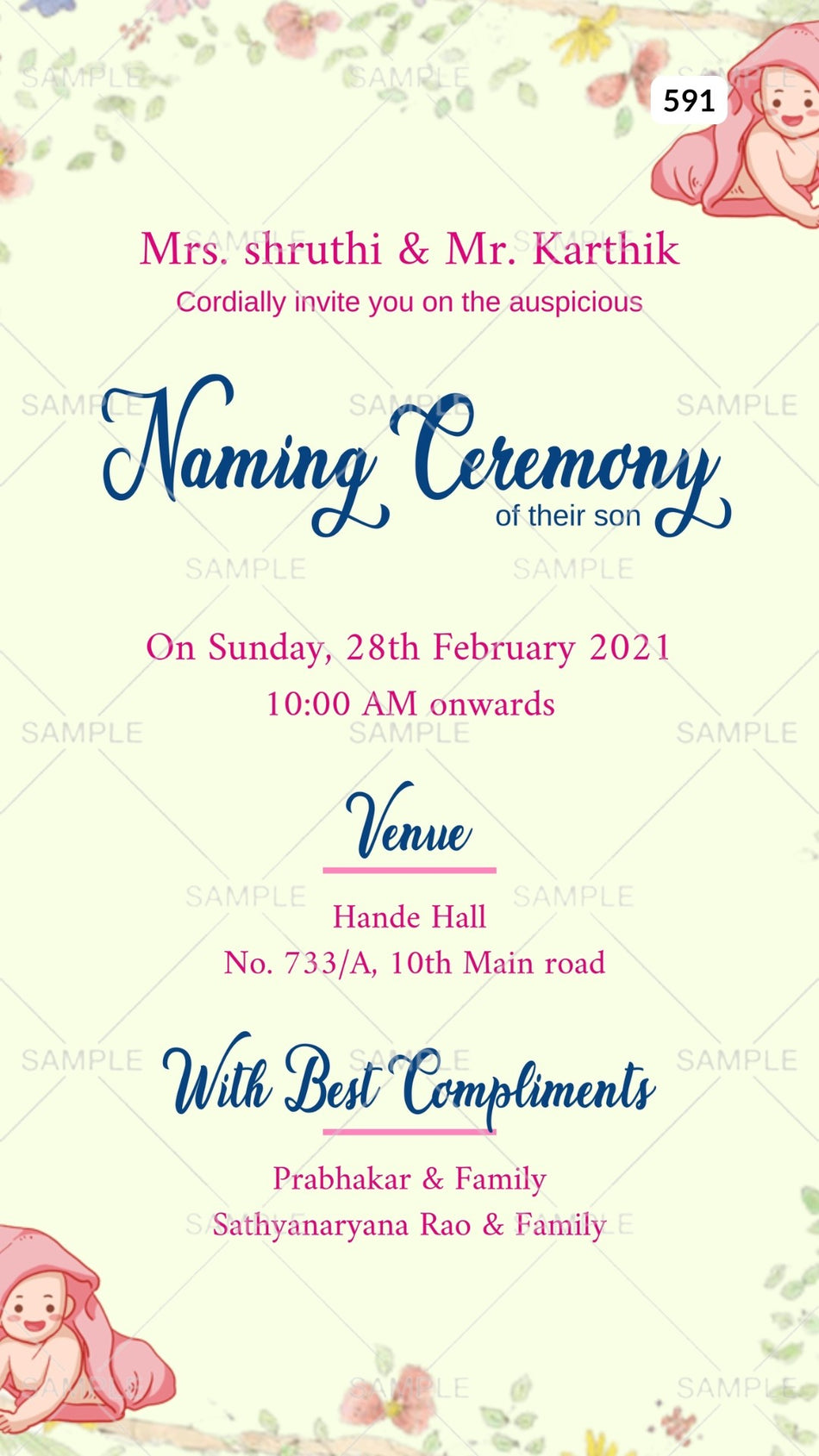 Baby Naming ceremony invitation card Canva Editable Template in english language with baby doodle, leaves as floral theme design 591