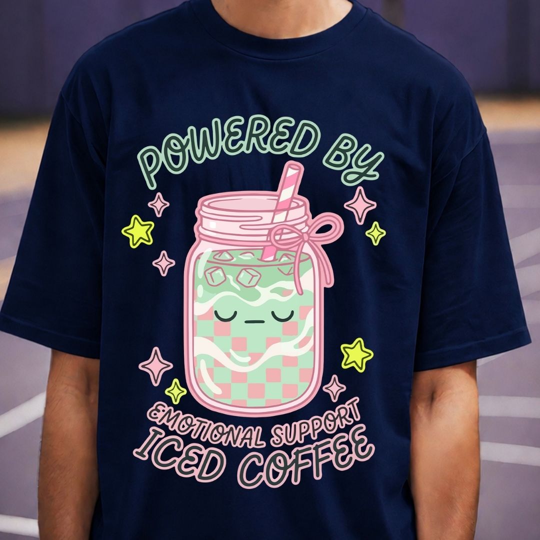 Navy blue t-shirt with a colorful graphic of a mason jar and text on a blurred background