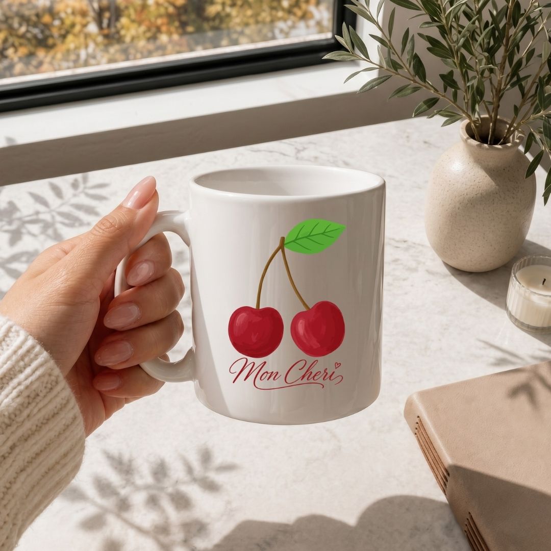 Mon Cheri Coffee Mug SVG, Cute Cherry Gift Cup Design, Transparent Fruit PNG Wrap