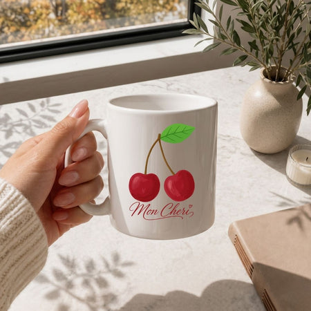 Mon Cheri Coffee Mug SVG, Cute Cherry Gift Cup Design, Transparent Fruit PNG Wrap