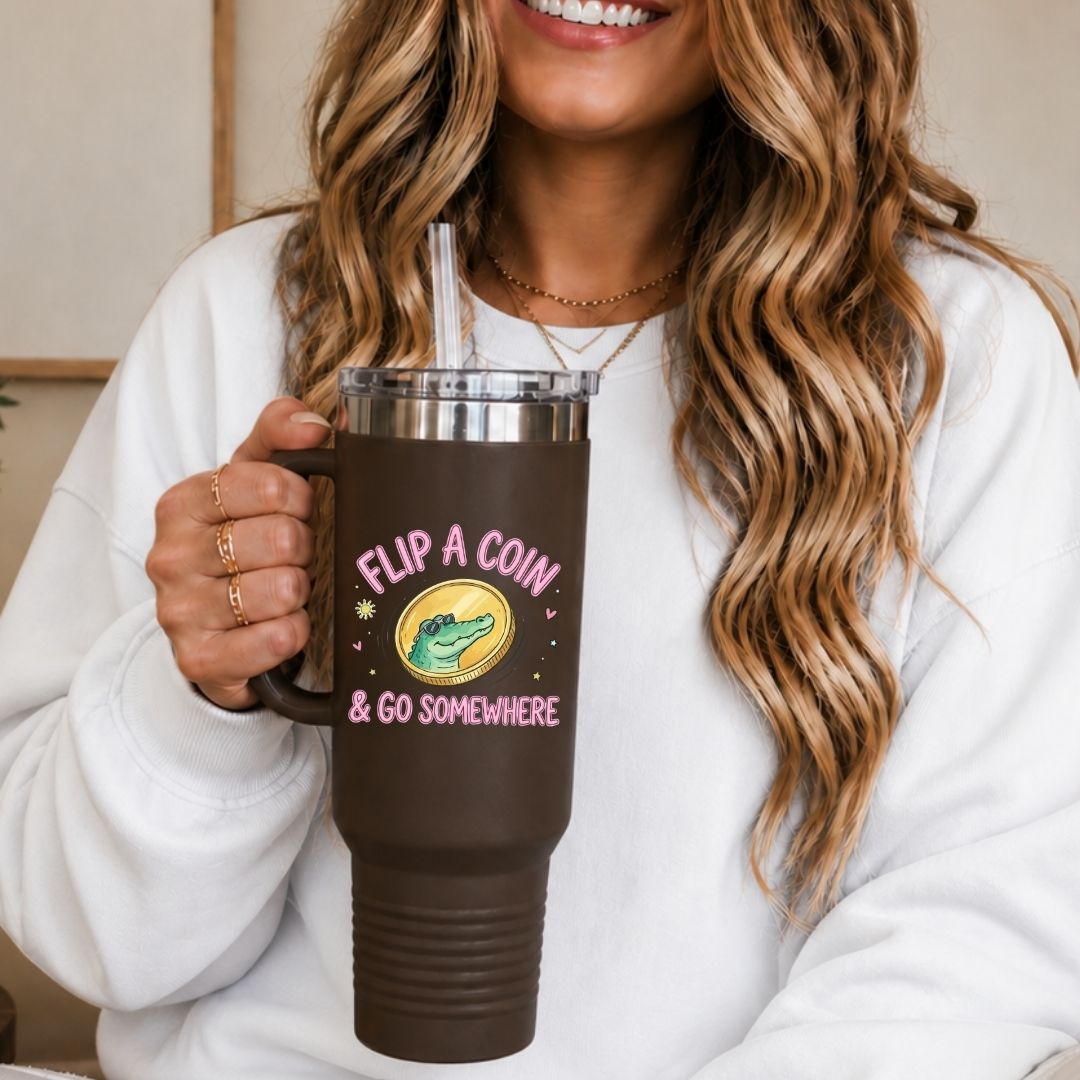 Large Dark Brown Travel Tumbler with Alligator Coin Print