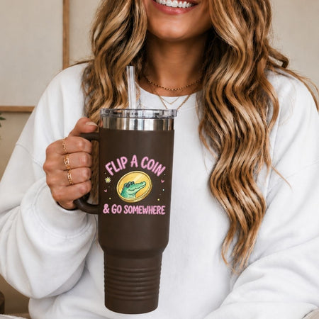 Large Dark Brown Travel Tumbler with Alligator Coin Print