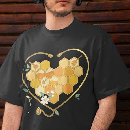 Person wearing a black t-shirt with a heart-shaped honeycomb design.