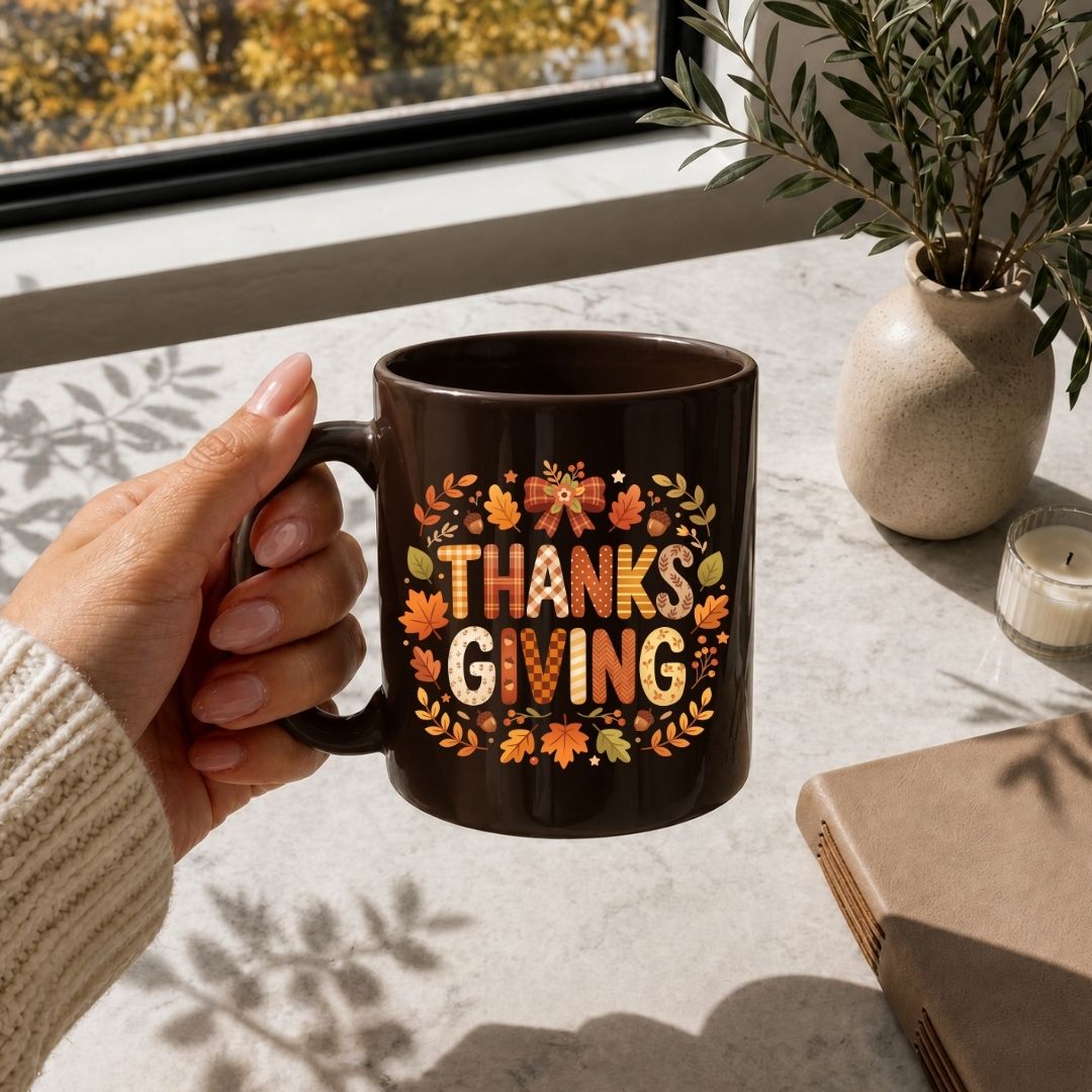 A hand holds a dark brown ceramic mug with a 'THANKS GIVING' autumn leaf design, set on a light stone table near a window with a plant and candle.
