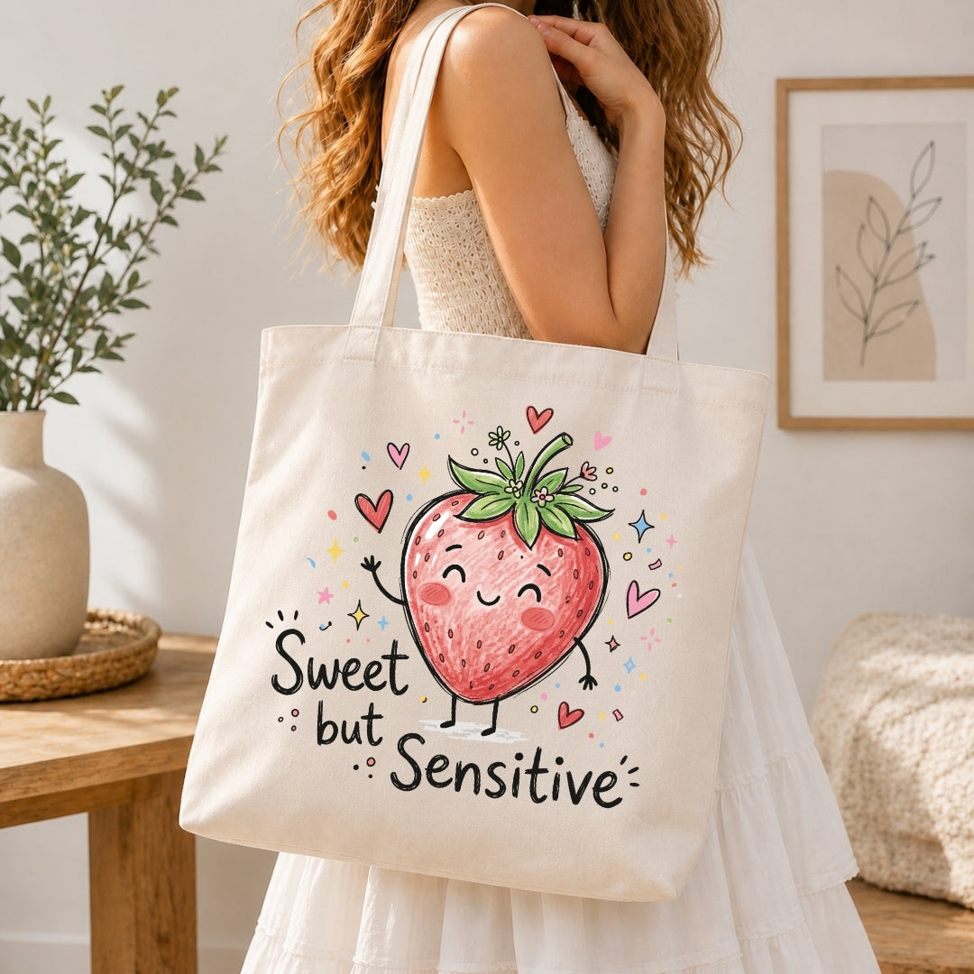 Aesthetic Canvas Tote Bag with Strawberry Graphic