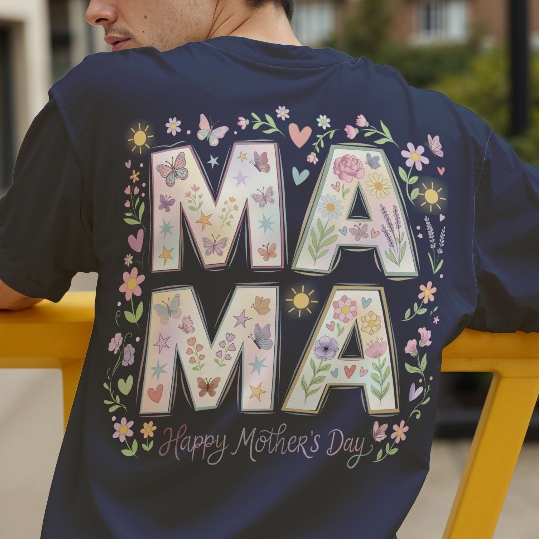 Navy blue t-shirt with floral 'MAMA' design and 'Happy Mother's Day' text.