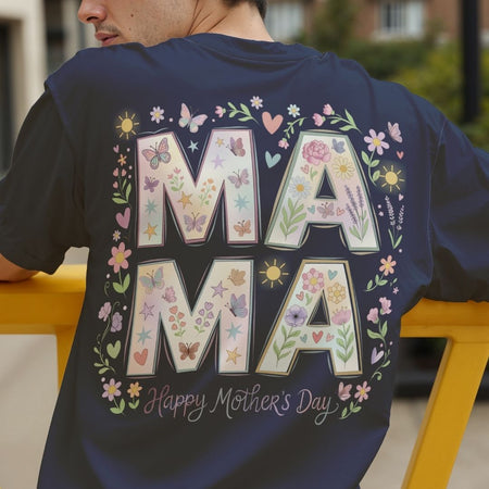 Navy blue t-shirt with floral 'MAMA' design and 'Happy Mother's Day' text.