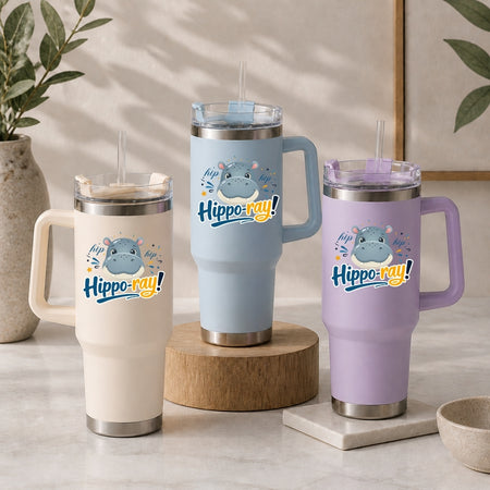 Insulated Travel Tumbler Trio with Cartoon Hippo Design