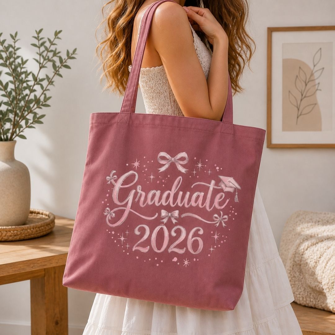 Graduate 2026 Canvas Tote Bag, Dusty Rose Pink Shoulder Bag, Coquette Bow Class of 2026 Book Bag, Reusable College Senior Cotton Tote