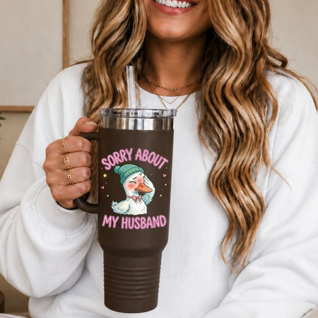 Large Dark Brown Travel Tumbler with Humorous Duck Design