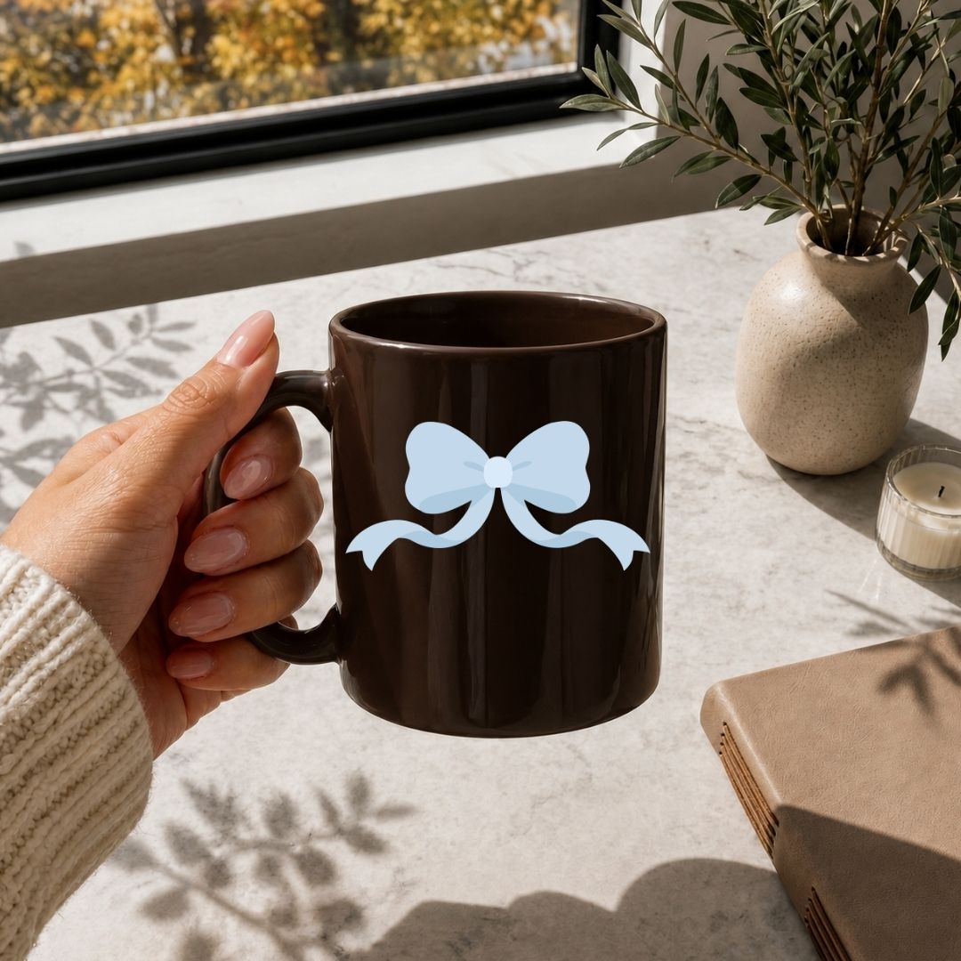 A hand holding a dark brown ceramic mug with a light blue bow graphic, set in a sunlit room near a window with a potted plant and a candle in the background.