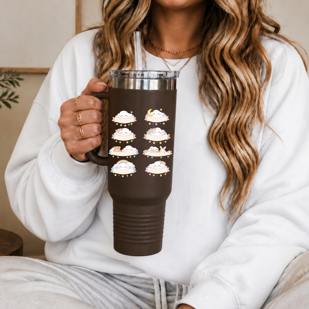 Person holding a dark brown insulated tumbler featuring the eight kawaii cloud banner designs.