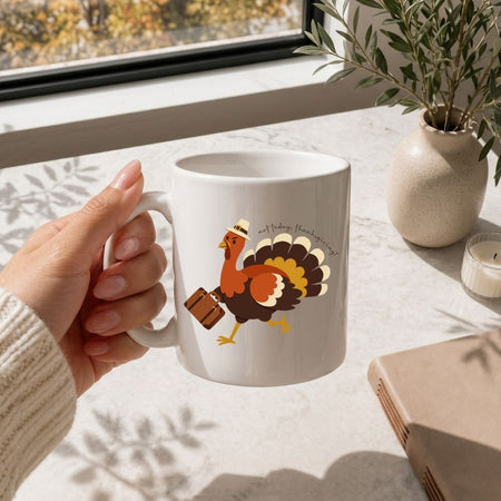A hand holding a white ceramic mug with a cartoon turkey graphic and the text 'We're taking Thanksgiving!' on a light marble tabletop near a window, with a vase of greenery and a candle in the background.