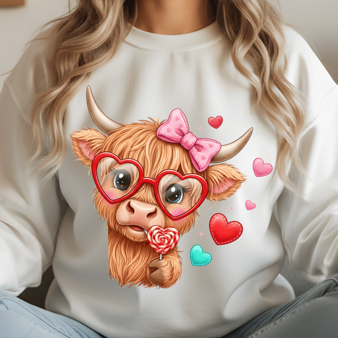 Person wearing a white sweatshirt with a cartoon cow design holding a lollipop and surrounded by hearts.