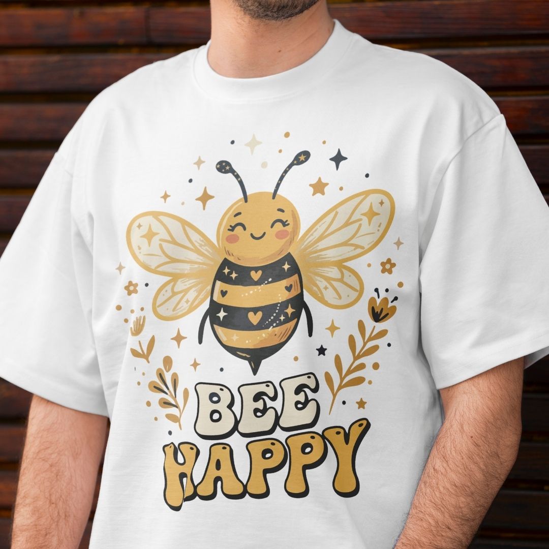 White t-shirt with a bee design and 'Bee Happy' text on a wooden background