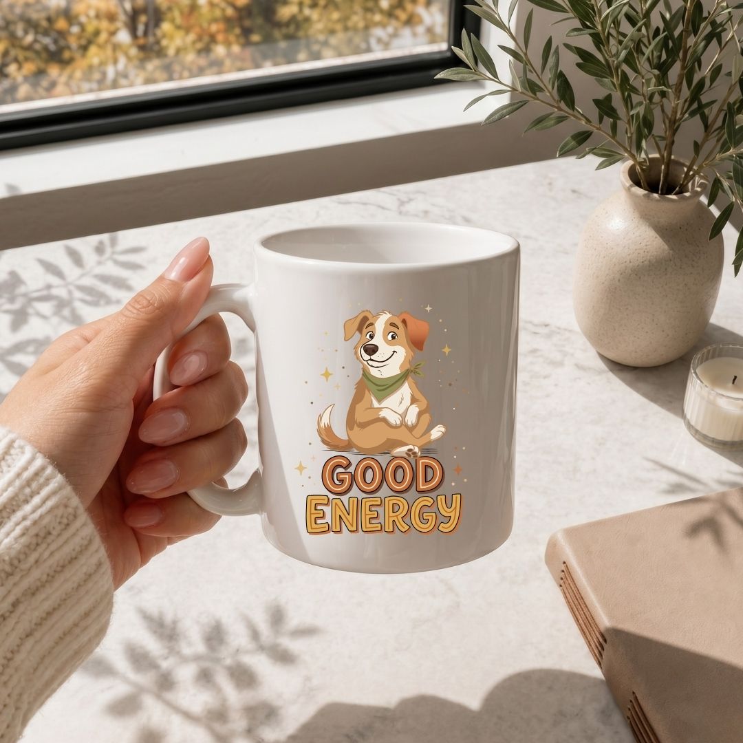 A hand holds a white ceramic mug with a cartoon dog graphic and the words 'GOOD ENERGY' in orange lettering. The mug is shown in a bright, sunlit room on a marble-like surface, with a vase, candle, and book nearby.