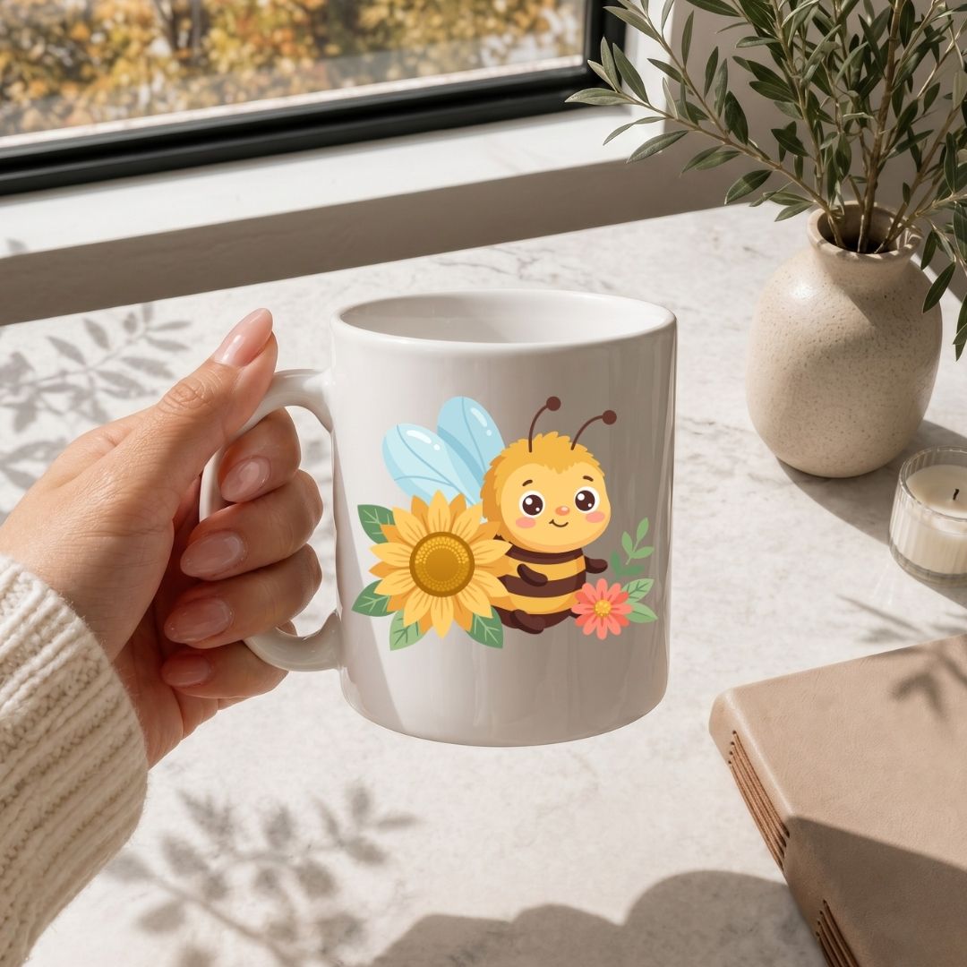 A hand holding a white ceramic mug featuring a cute cartoon bee, sunflower, and flower design, set against a bright, sunlit window sill with a potted plant and candle in the background.