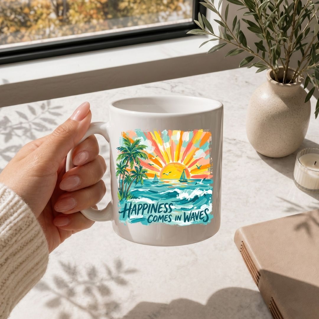 A hand holds a white ceramic mug featuring a colorful tropical sunset and wave design with the text 'HAPPINESS COMES IN WAVES'. The mug is shown in a bright, modern room setting on a marble countertop next to a potted plant, candle, and book.
