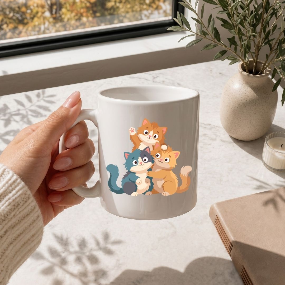 Hand holding a white coffee mug printed with a cute cartoon cats design, resting on a marble surface near a plant vase.