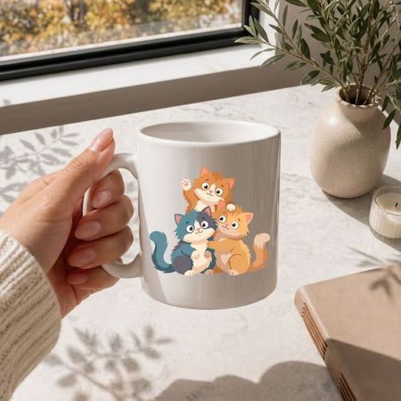 Hand holding a white coffee mug printed with a cute cartoon cats design, resting on a marble surface near a plant vase.