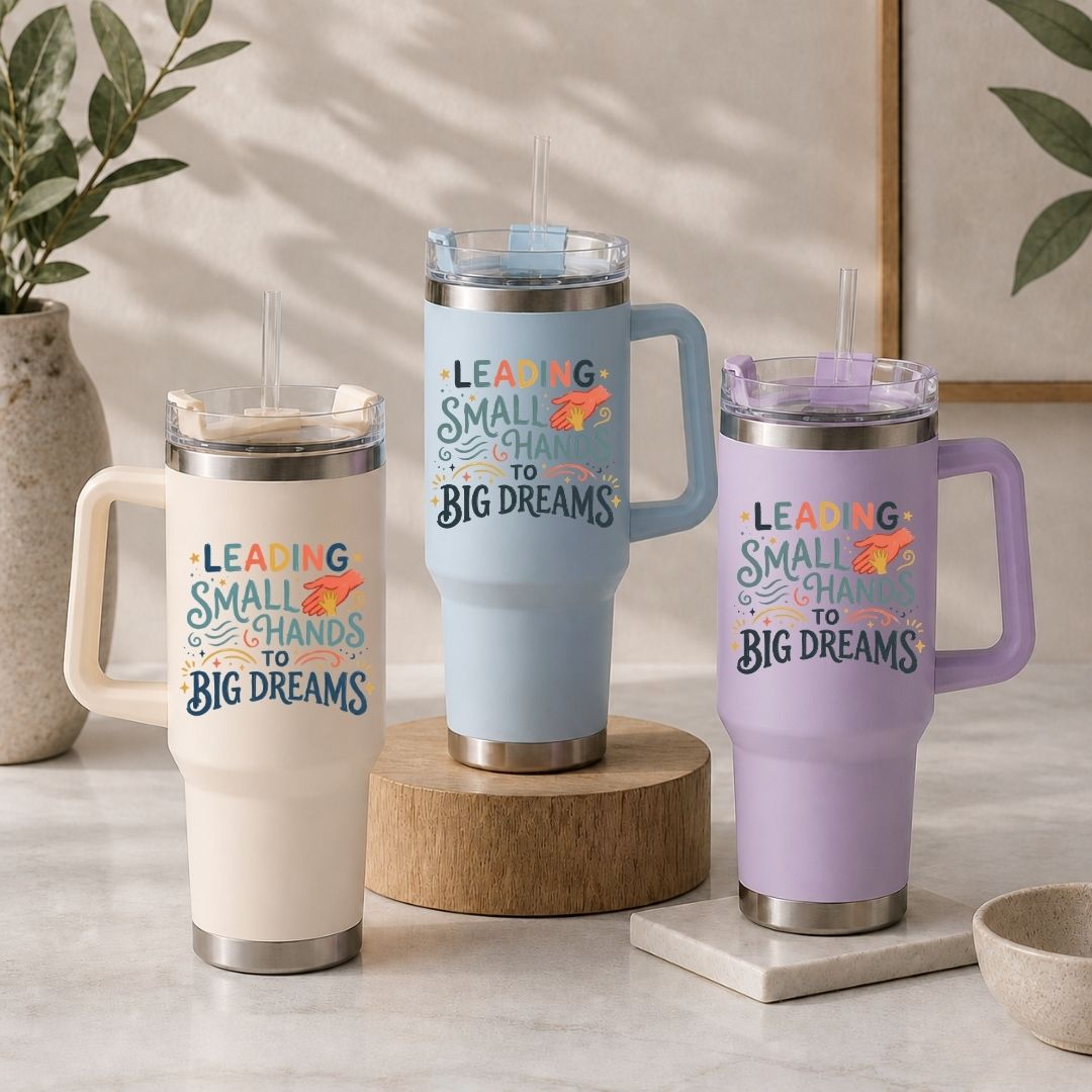 Leading Small Hands to Big Dreams 40oz Travel Tumbler, Insulated Teacher Straw Cup, Cream Blue and Purple Mugs for Daycare Providers