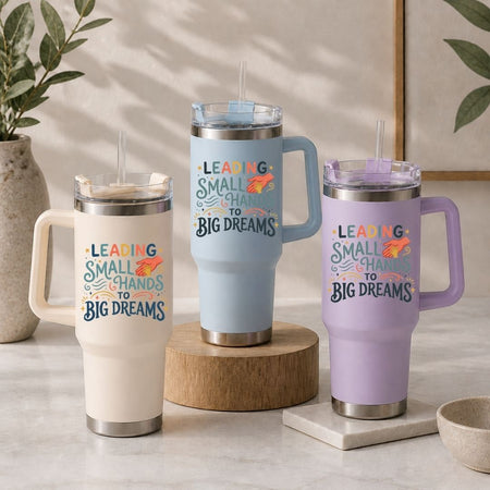 Leading Small Hands to Big Dreams 40oz Travel Tumbler, Insulated Teacher Straw Cup, Cream Blue and Purple Mugs for Daycare Providers