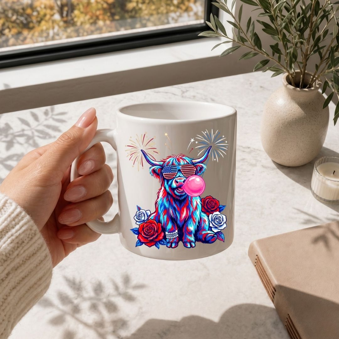 4th of July Coffee Mug PNG, Patriotic Highland Cow Cup Design, Transparent Fireworks Animal wrap