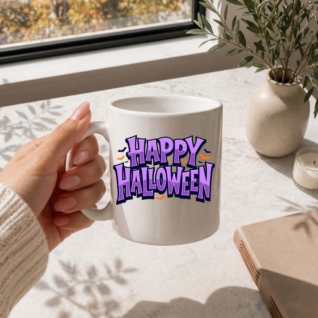 Hand holding a white coffee mug printed with a purple "Happy Halloween" ghost and bat design on a marble tabletop.
