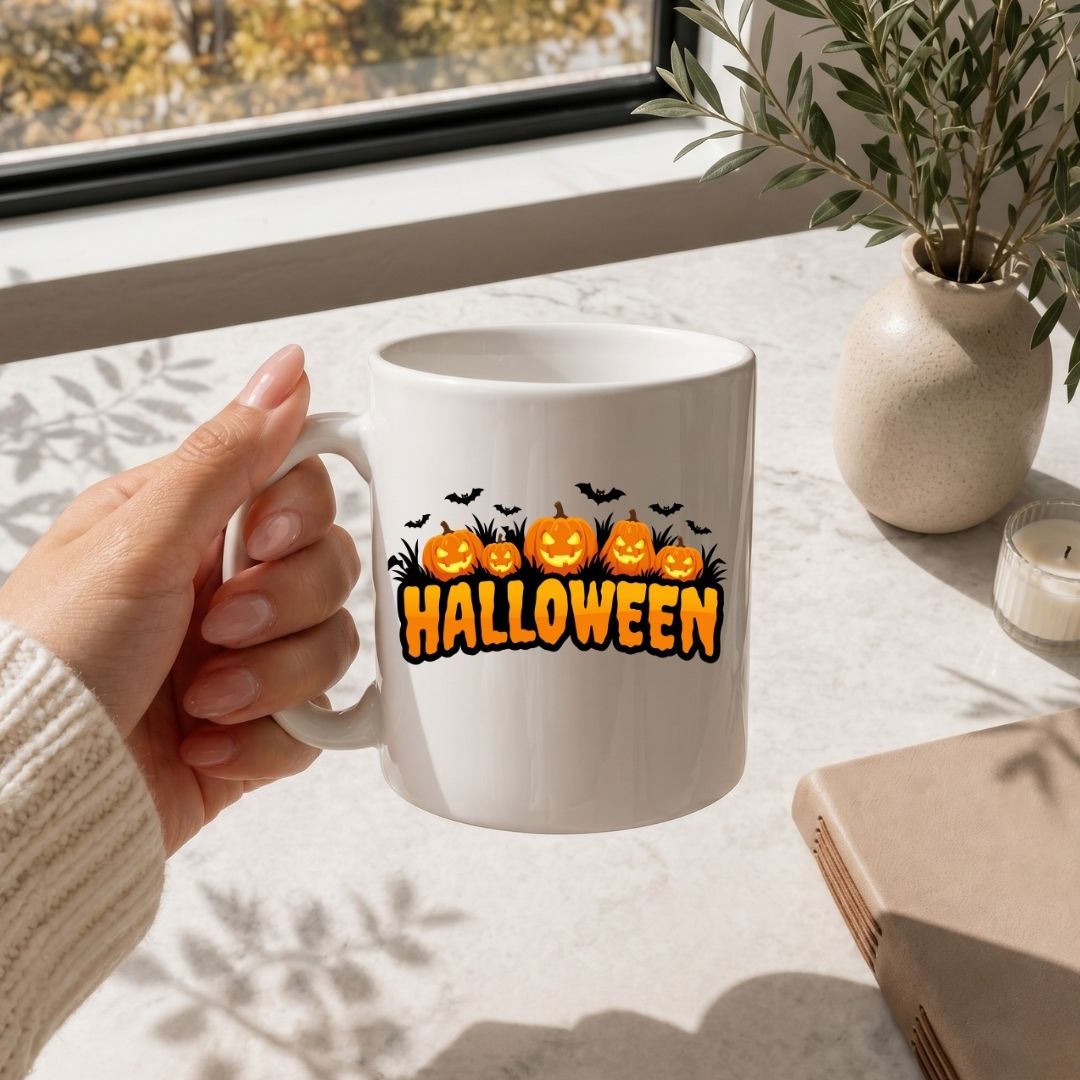 Hand holding a white coffee mug printed with a Halloween jack-o'-lantern pumpkin patch graphic on a marble tabletop.