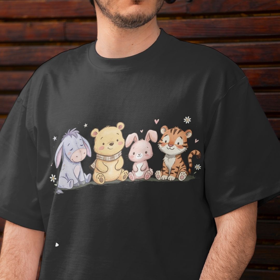 Black t-shirt with cartoon characters on a wooden background