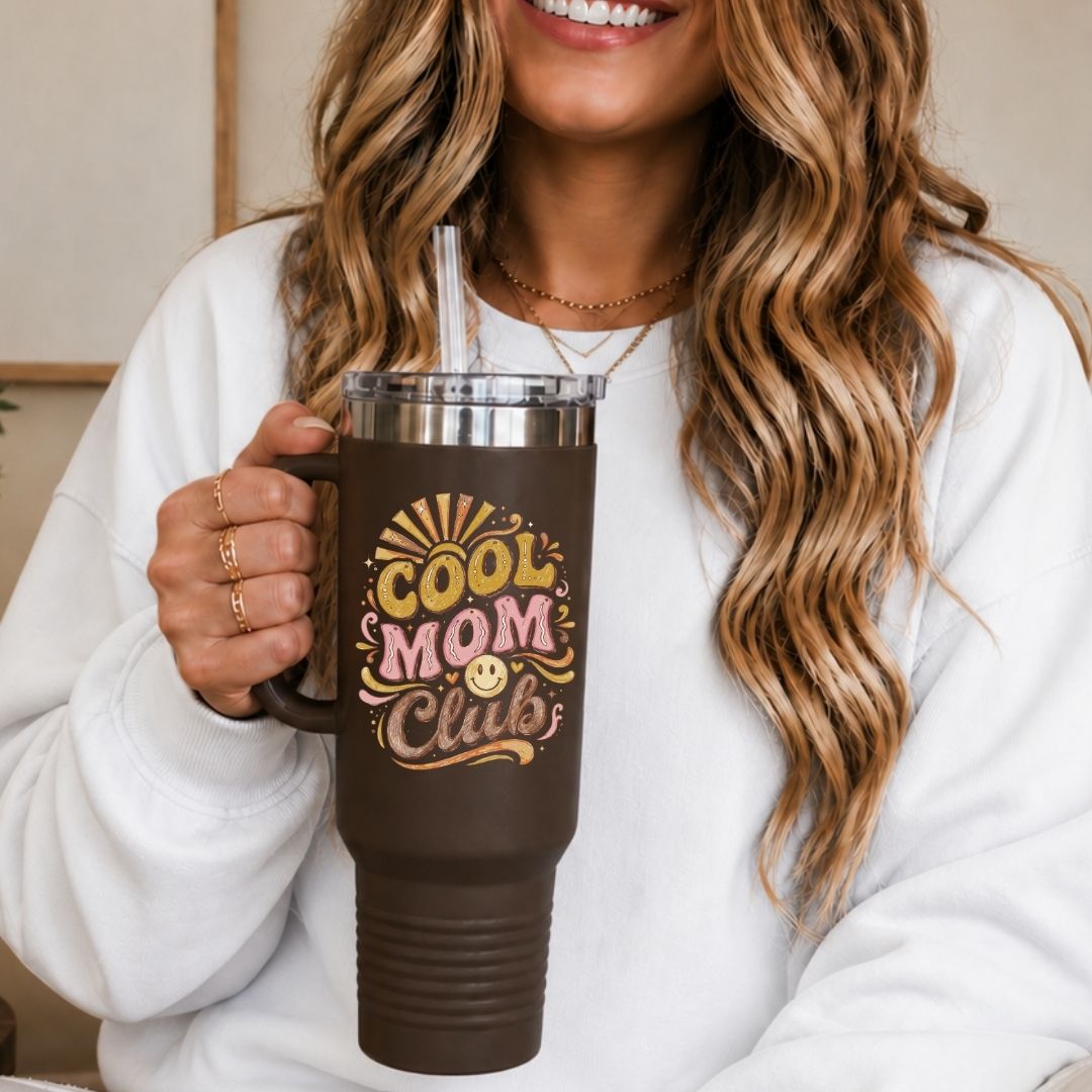 Retro Cool Mom Club 40oz Travel Tumbler with Handle, Insulated Groovy Mama Straw Cup, Vintage Large Stainless Steel Water Bottle