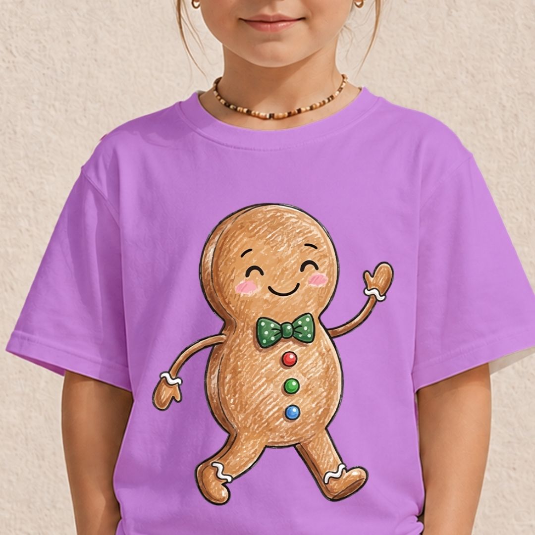 A child wearing a purple short-sleeve T-shirt with a large cartoon gingerbread man graphic on the front, standing against a light beige textured wall.