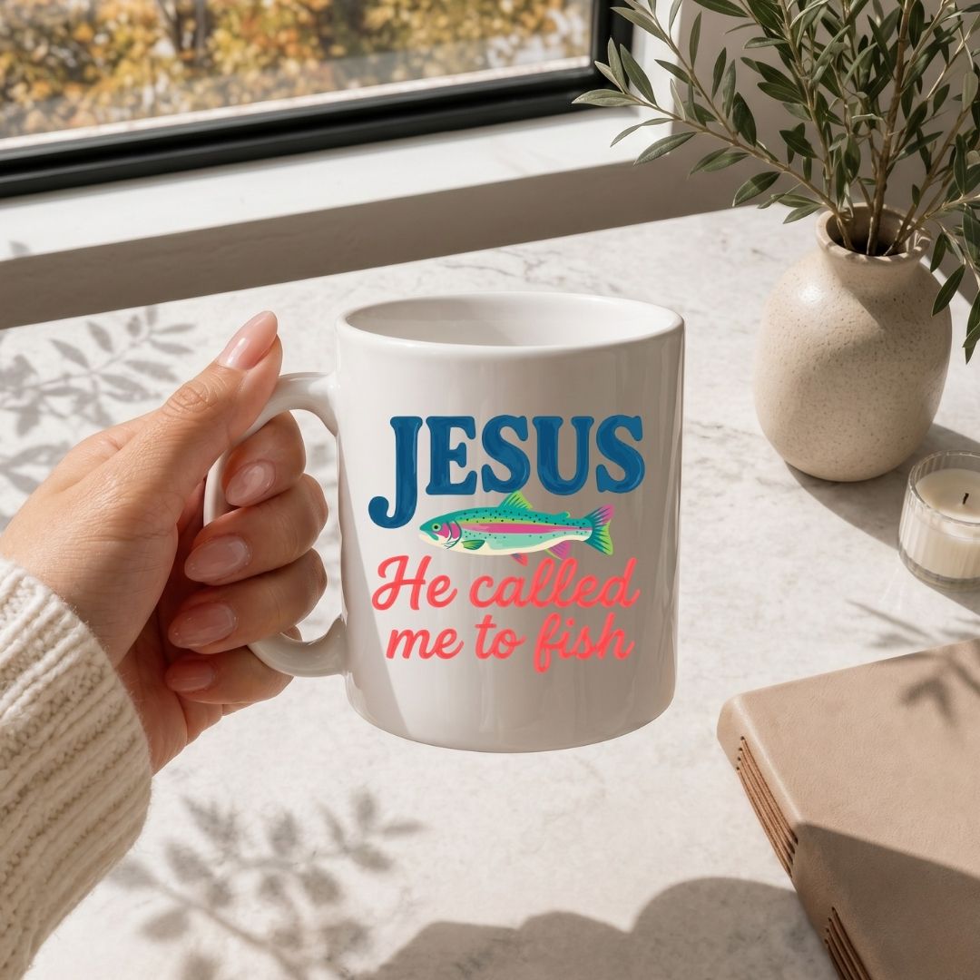 A hand with polished nails holding a clean white ceramic coffee cup decorated with the "Jesus He Called Me to Fish" design on a marble table.