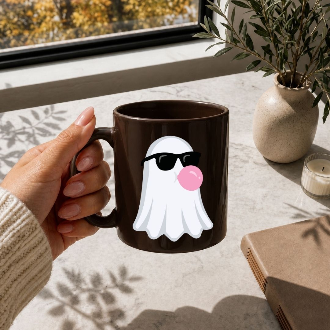 A hand holds a dark brown ceramic mug featuring a cartoon ghost wearing black sunglasses and blowing a pink bubblegum bubble. The mug is shown in a lifestyle setting on a light stone table near a window with a potted plant and a candle.