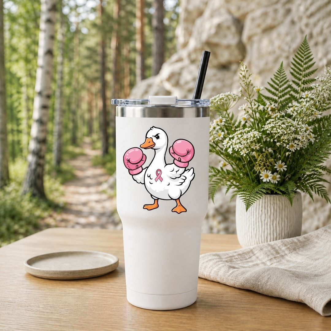 A woman carrying a beige canvas tote bag mockup printed with the large cartoon duck wearing pink boxing gloves and a pink ribbon.