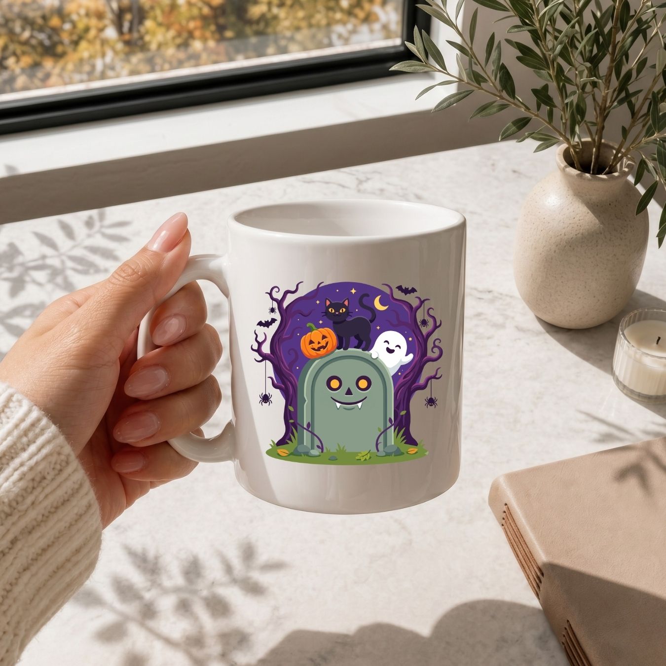 A hand holding a white ceramic mug with a colorful Halloween graveyard illustration, set in a bright, modern room with a window, potted plant, and candle in the background.