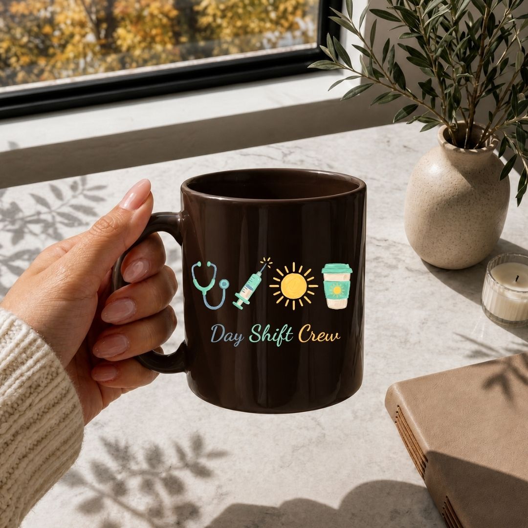 Day Shift Crew Coffee Mug SVG, Nurse Morning Fuel Cup Design, Transparent Sun and Syringe PNG Wrap
