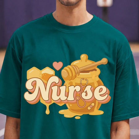 Teal t-shirt with 'Nurse' design featuring a honeycomb and honey dipper on a blurred background